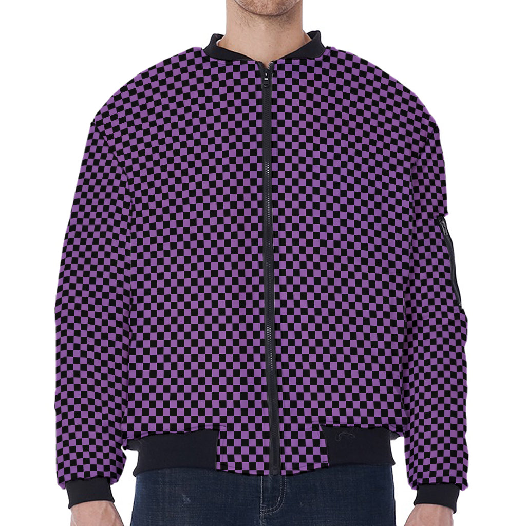 Purple And Black Checkered Pattern Print Zip Sleeve Bomber Jacket