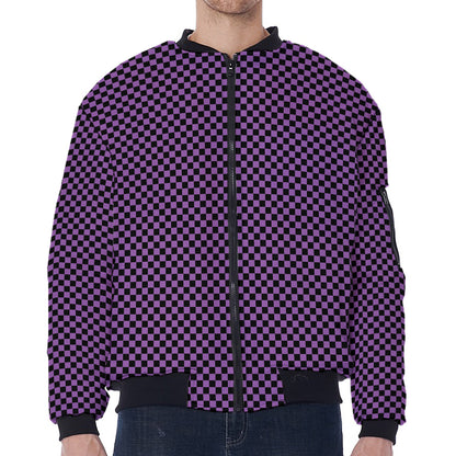 Purple And Black Checkered Pattern Print Zip Sleeve Bomber Jacket