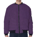 Purple And Black Checkered Pattern Print Zip Sleeve Bomber Jacket
