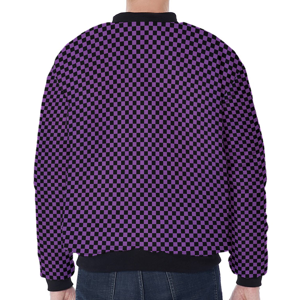 Purple And Black Checkered Pattern Print Zip Sleeve Bomber Jacket