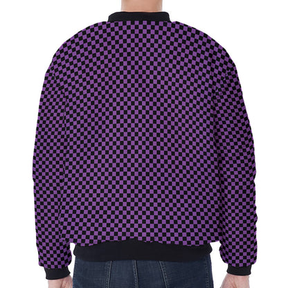 Purple And Black Checkered Pattern Print Zip Sleeve Bomber Jacket