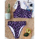 Purple And Black Cheetah Print One Shoulder Bikini Top