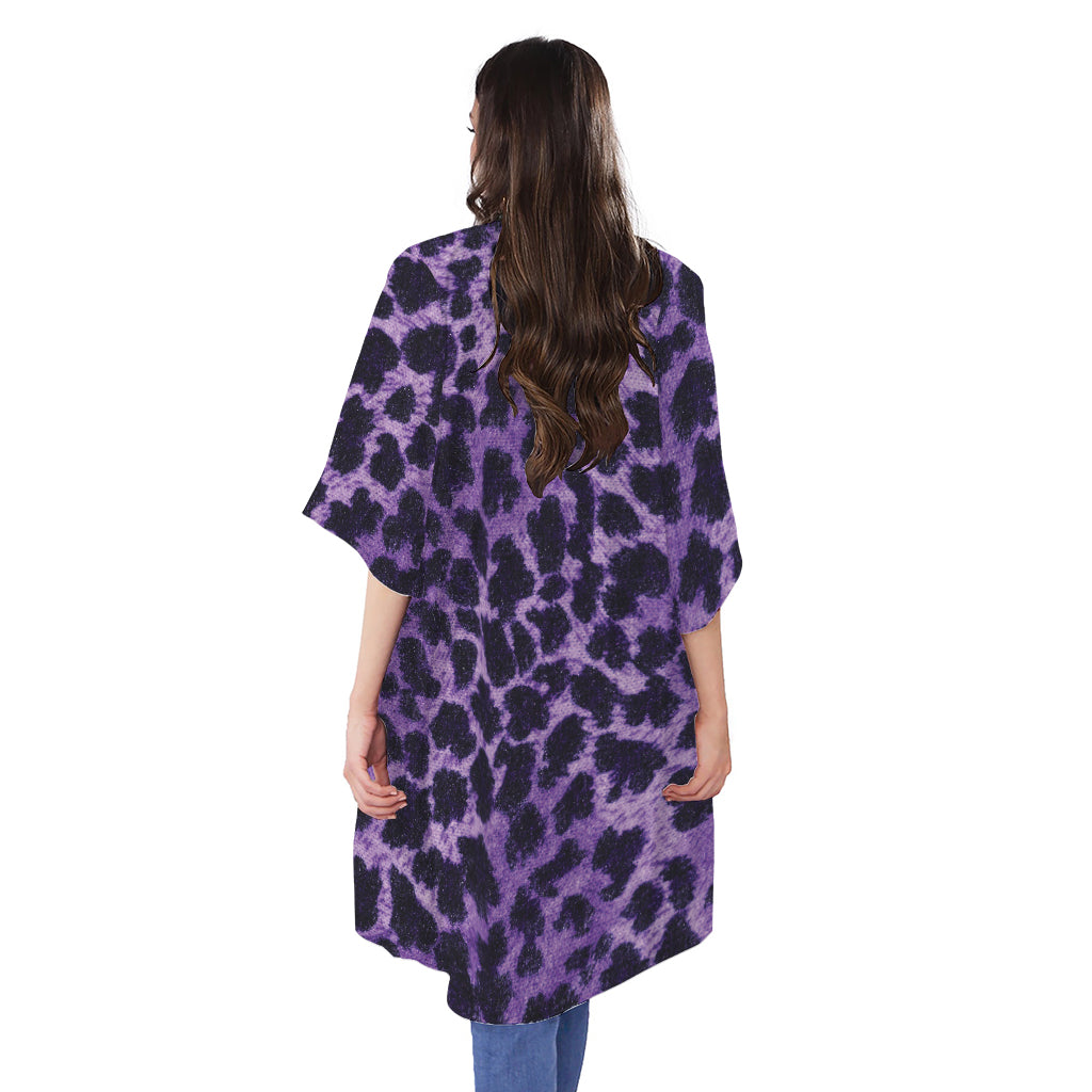 Purple And Black Cheetah Print Open Front Beach Cover Up