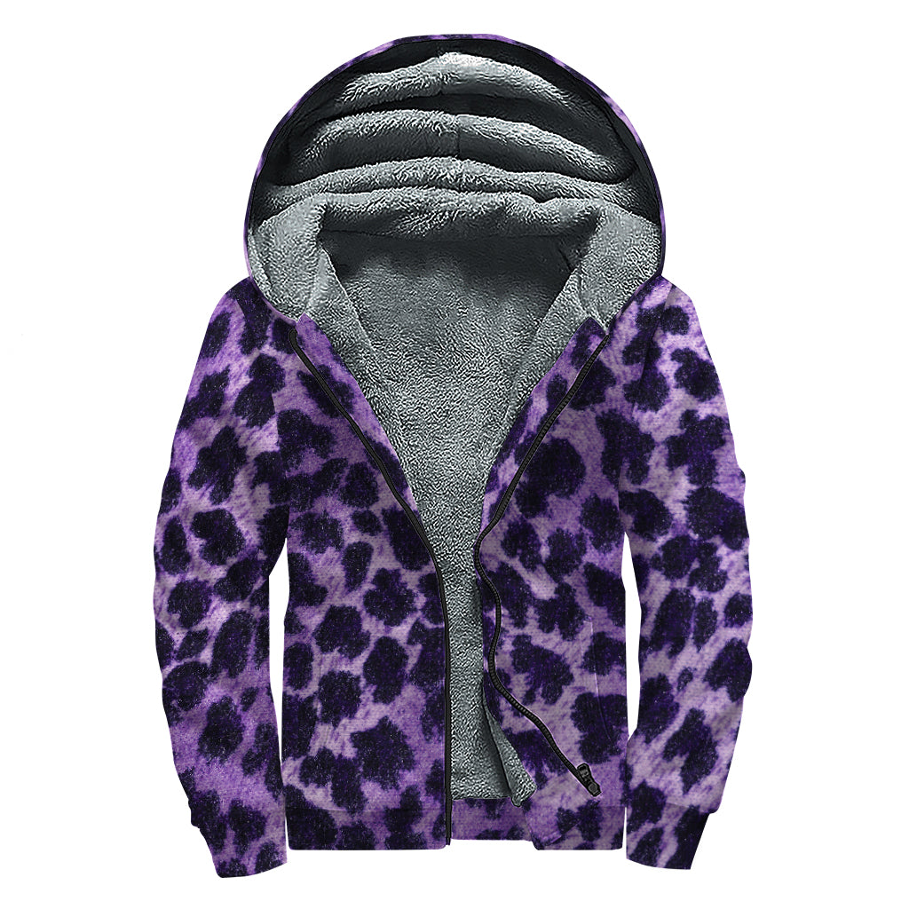 Purple And Black Cheetah Print Sherpa Lined Zip Up Hoodie