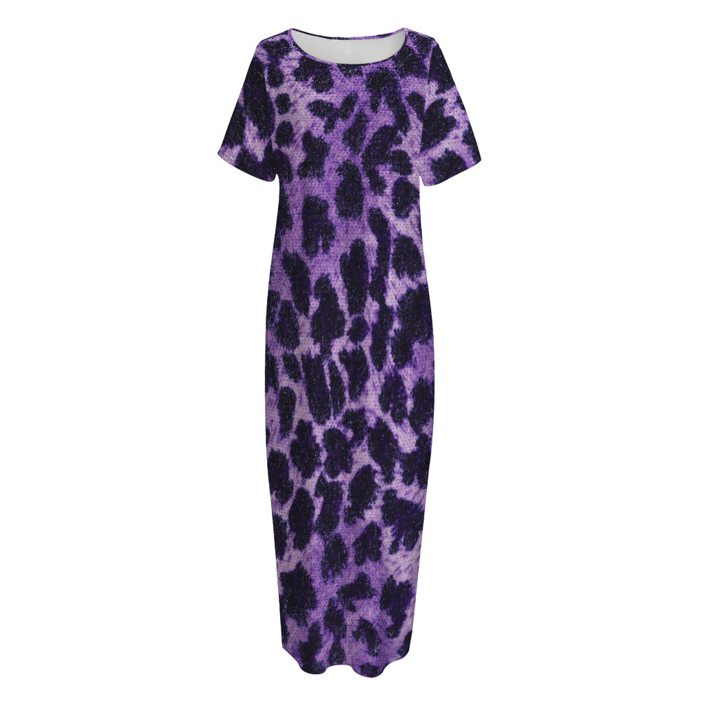 Purple And Black Cheetah Print Short Sleeve Long Nightdress