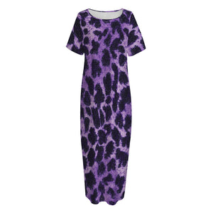 Purple And Black Cheetah Print Short Sleeve Long Nightdress