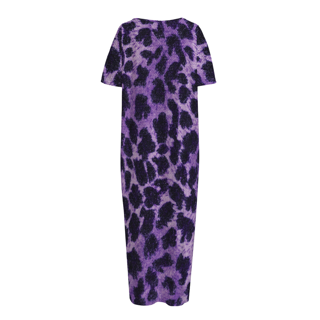 Purple And Black Cheetah Print Short Sleeve Long Nightdress