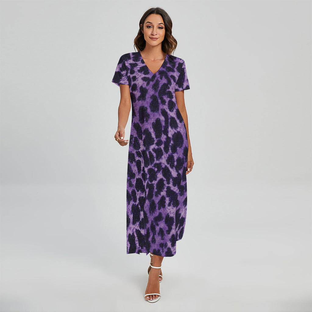 Purple And Black Cheetah Print Short Sleeve Maxi Dress