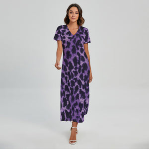 Purple And Black Cheetah Print Short Sleeve Maxi Dress