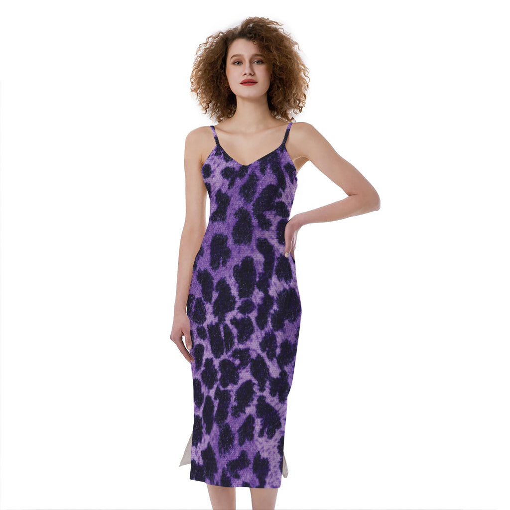 Purple And Black Cheetah Print Slim Fit Midi Cami Dress