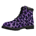Purple And Black Cheetah Print Padded Collar Lace Up Boots