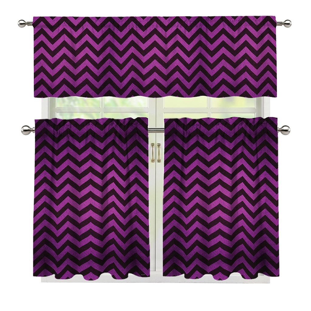 Purple And Black Chevron Pattern Print 3 Piece Kitchen Curtains