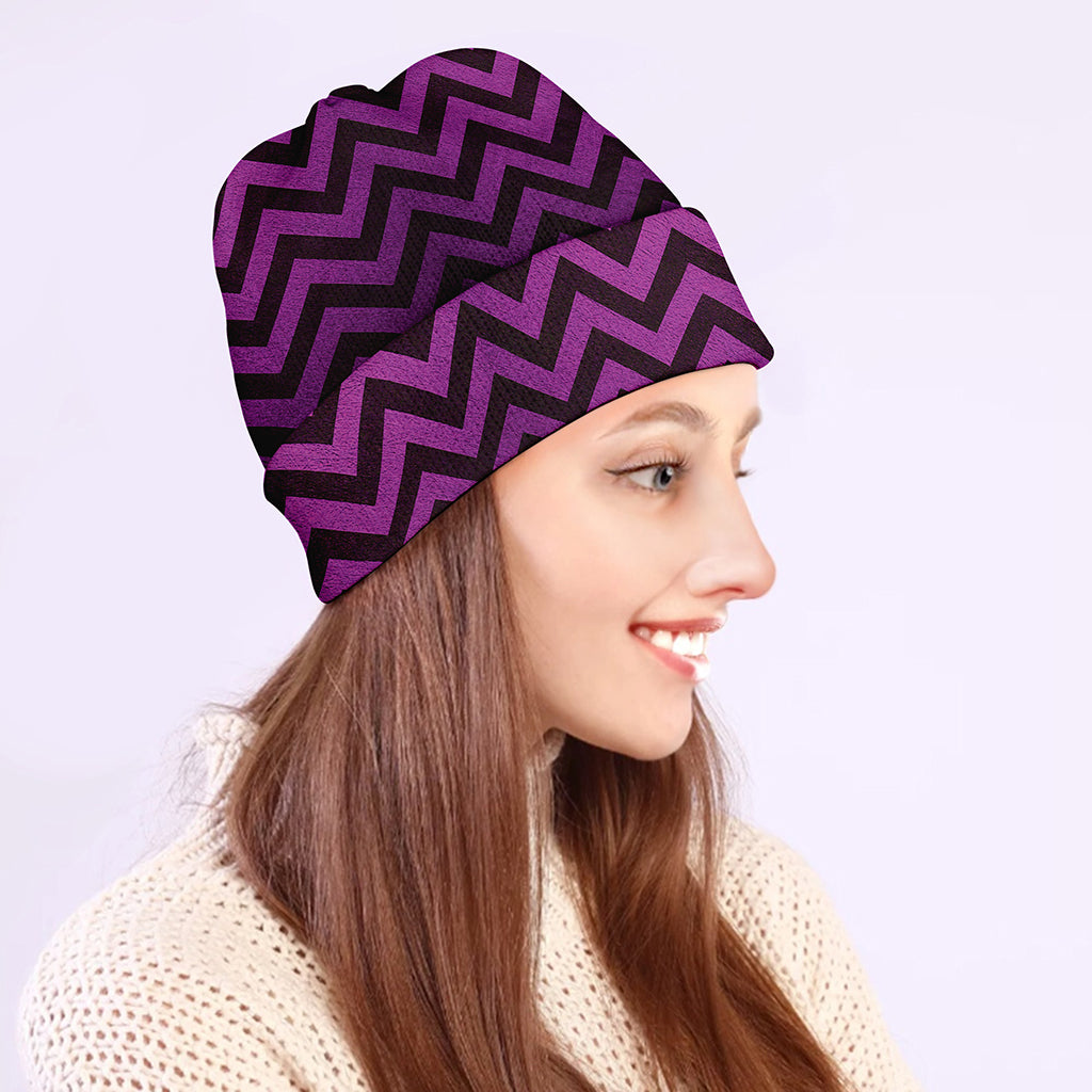 Purple And Black Chevron Pattern Print Beanie
