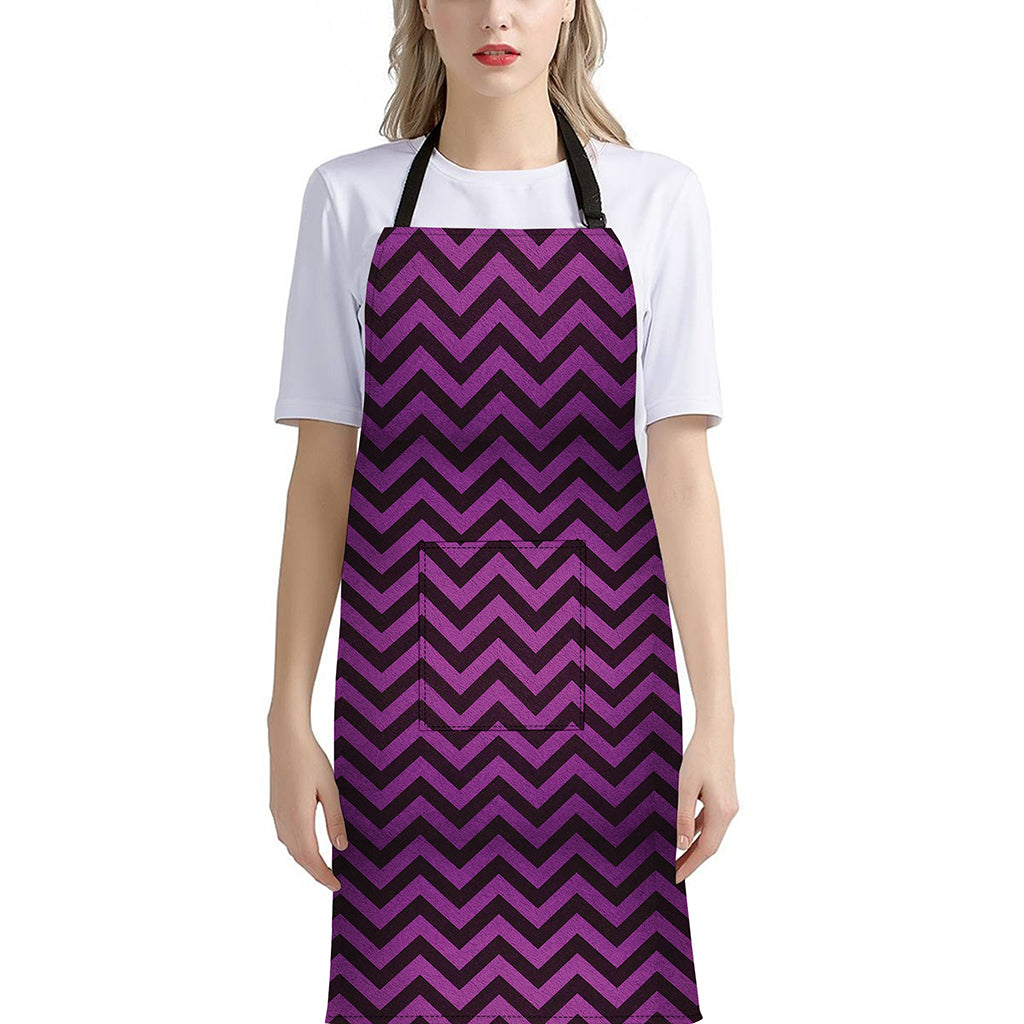 Purple And Black Chevron Pattern Print Bib Apron With Pocket