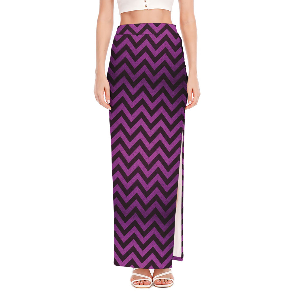 Purple And Black Chevron Pattern Print High Slit Maxi Skirt