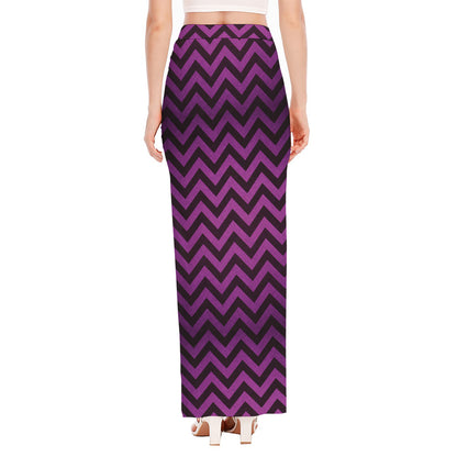 Purple And Black Chevron Pattern Print High Slit Maxi Skirt