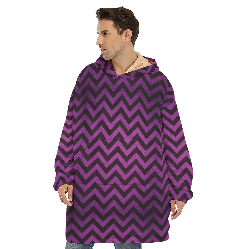 Purple And Black Chevron Pattern Print Hoodie Blanket