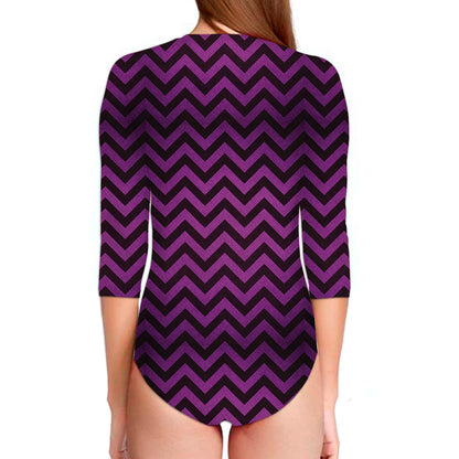 Purple And Black Chevron Pattern Print Long Sleeve Swimsuit