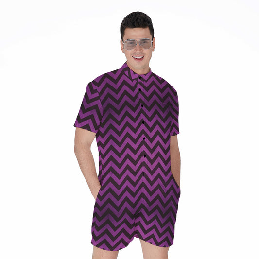 Purple And Black Chevron Pattern Print Men's Rompers
