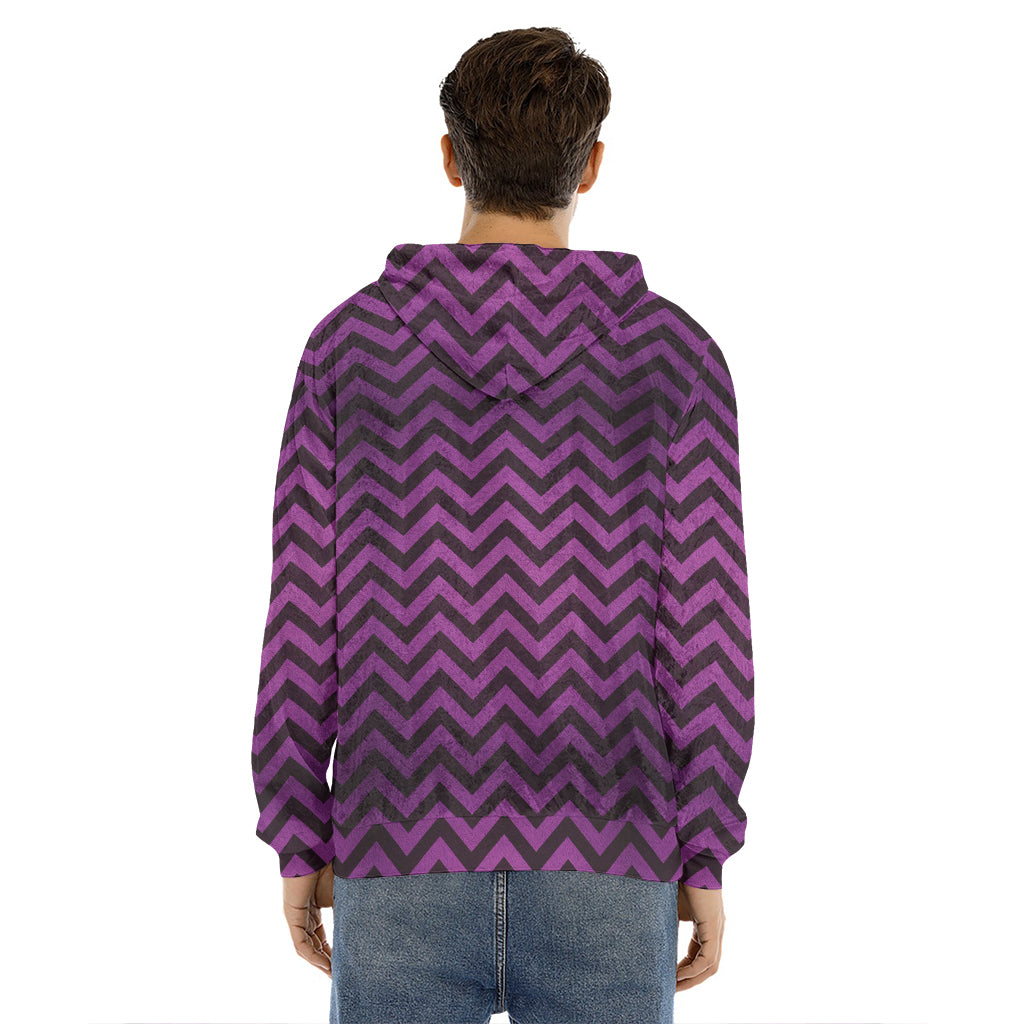 Purple And Black Chevron Pattern Print Men's Velvet Pullover Hoodie