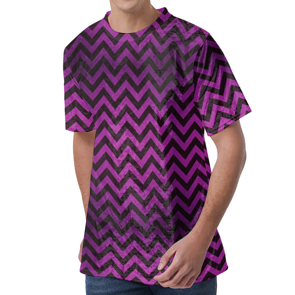 Purple And Black Chevron Pattern Print Men's Velvet T-Shirt