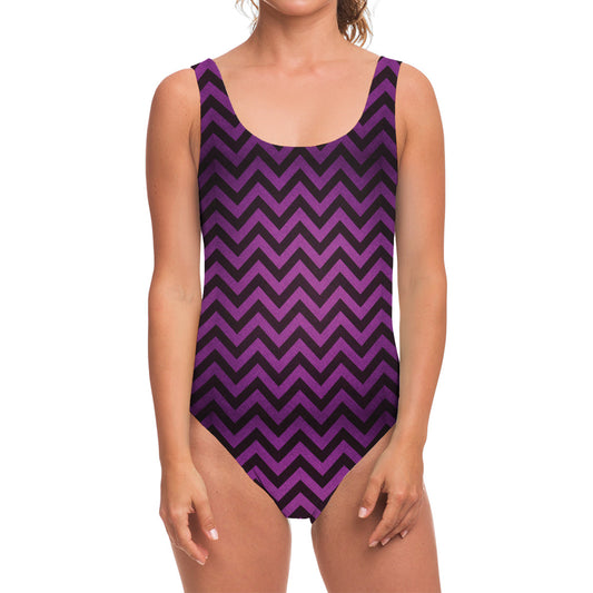Purple And Black Chevron Pattern Print One Piece Swimsuit