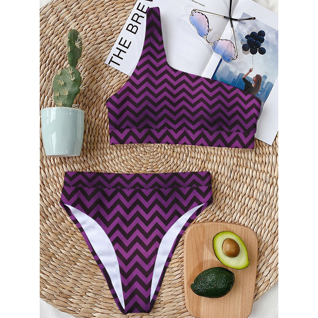 Purple And Black Chevron Pattern Print One Shoulder Bikini Top