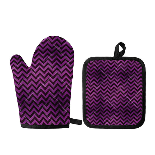 Purple And Black Chevron Pattern Print Oven Mitt And Pot Holder Set