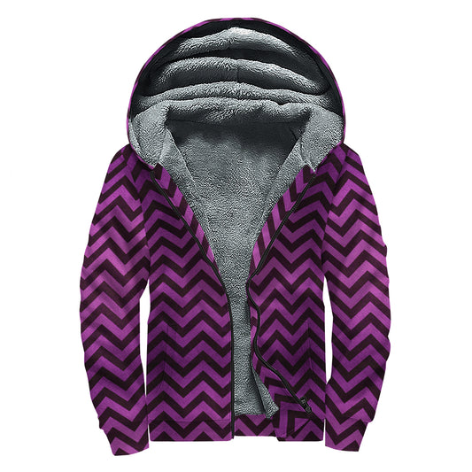 Purple And Black Chevron Pattern Print Sherpa Lined Zip Up Hoodie