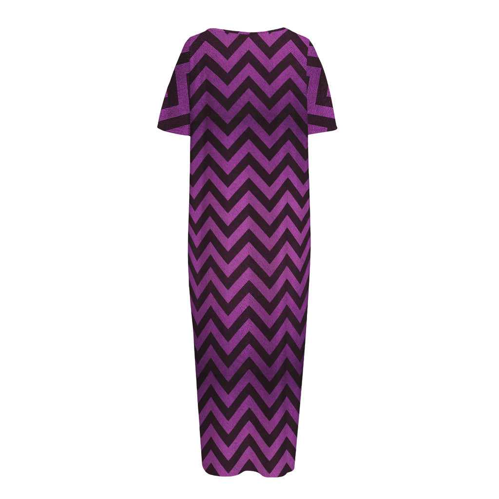Purple And Black Chevron Pattern Print Short Sleeve Long Nightdress