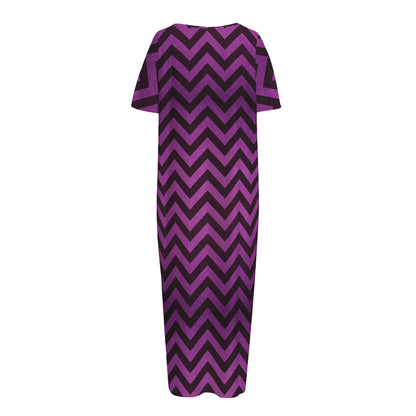 Purple And Black Chevron Pattern Print Short Sleeve Long Nightdress