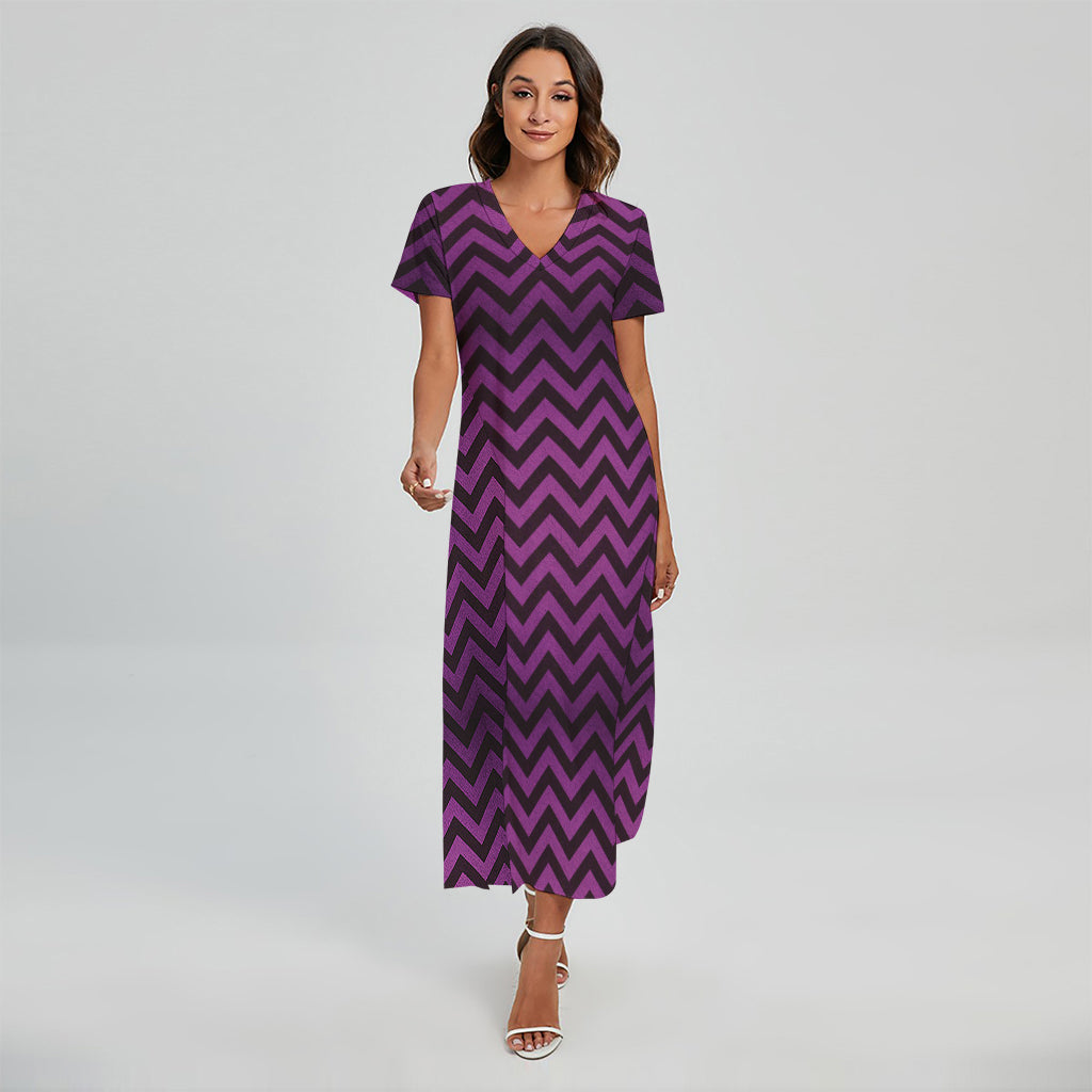 Purple And Black Chevron Pattern Print Short Sleeve Maxi Dress
