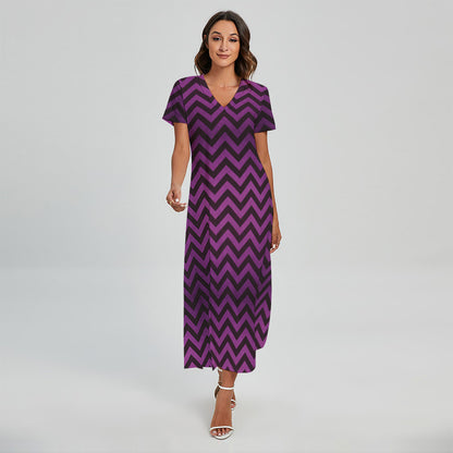 Purple And Black Chevron Pattern Print Short Sleeve Maxi Dress