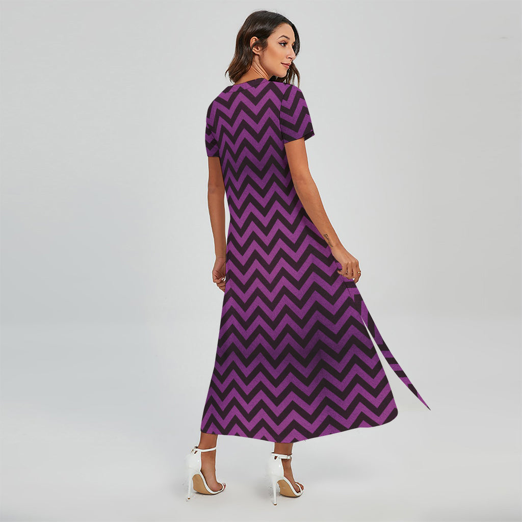 Purple And Black Chevron Pattern Print Short Sleeve Maxi Dress