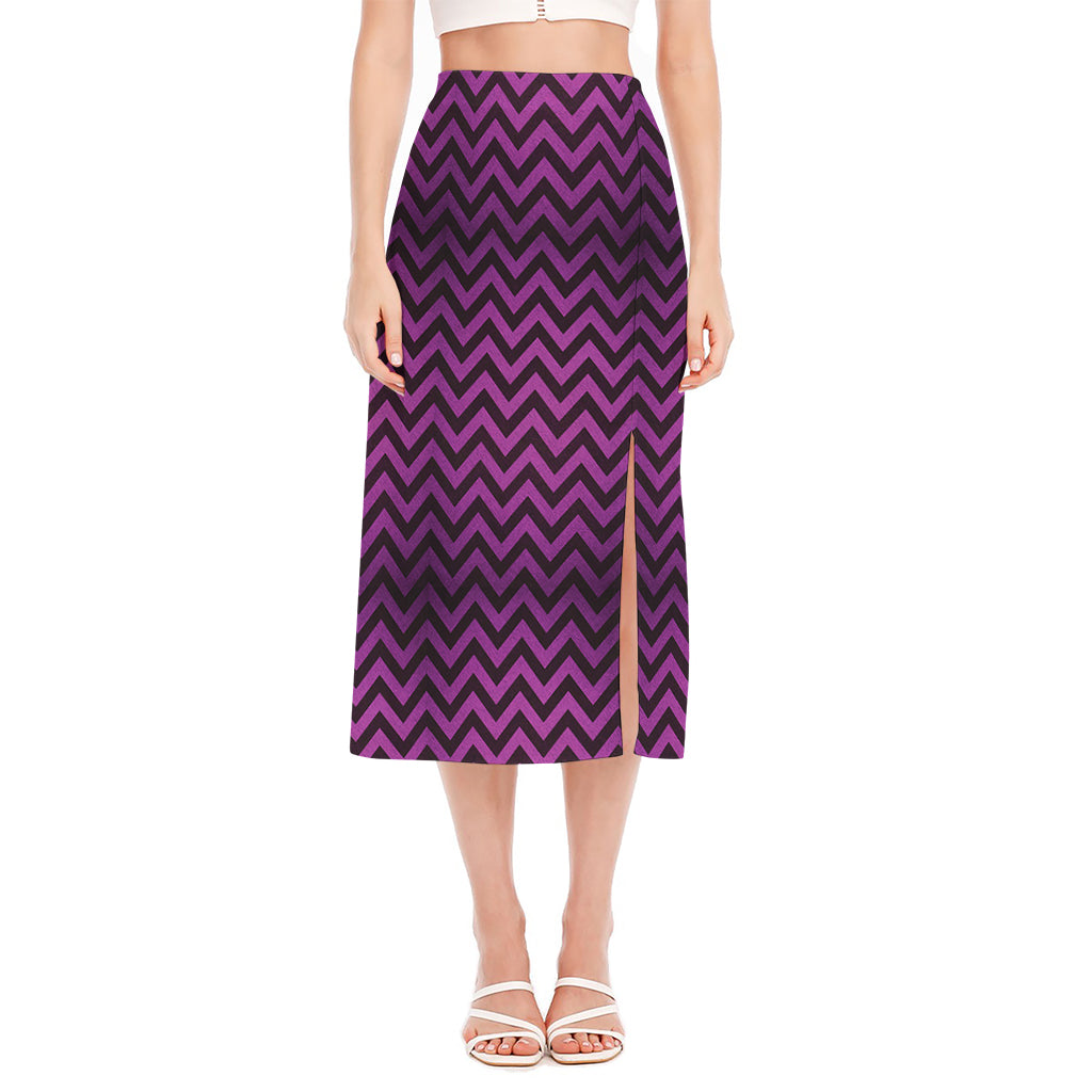 Purple And Black Chevron Pattern Print Side Slit Midi Skirt