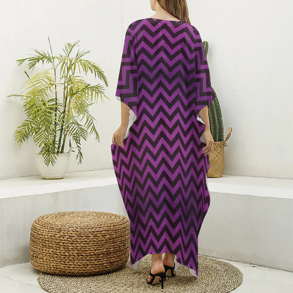 Purple And Black Chevron Pattern Print Silk V-Neck Kaftan Dress