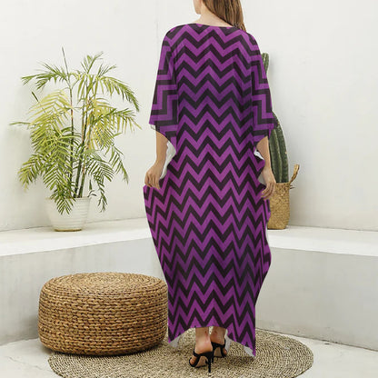 Purple And Black Chevron Pattern Print Silk V-Neck Kaftan Dress