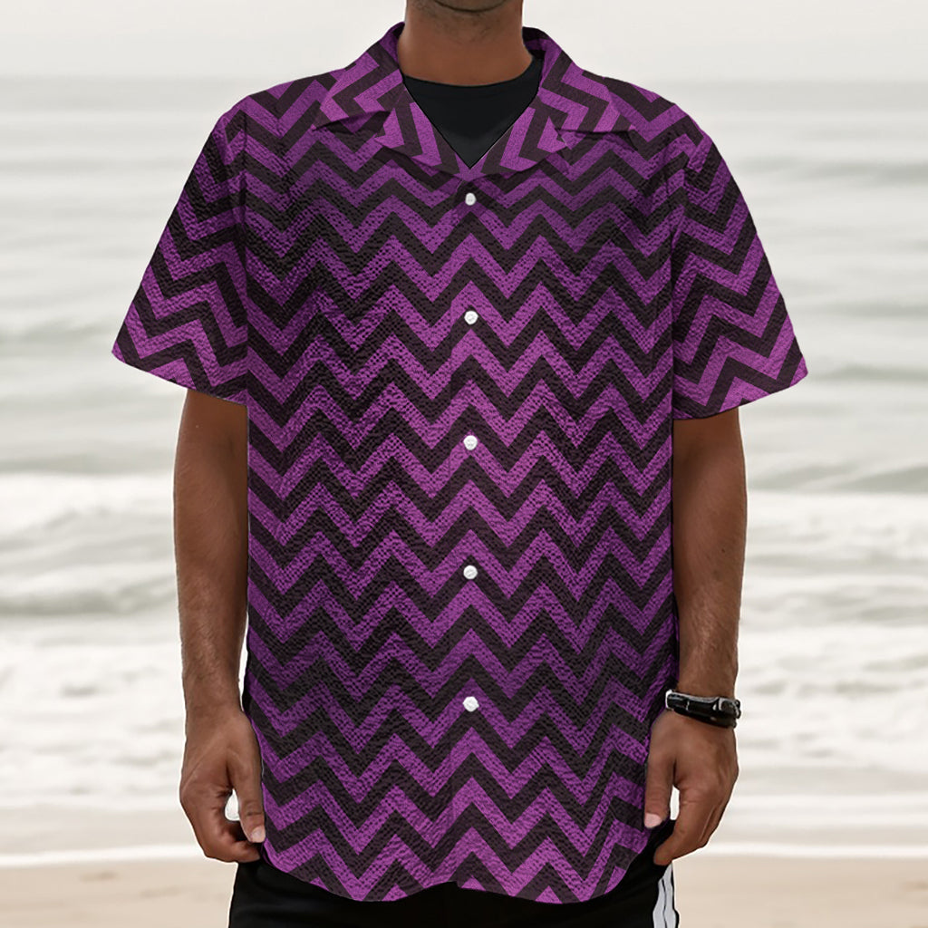 Purple And Black Chevron Pattern Print Textured Short Sleeve Shirt
