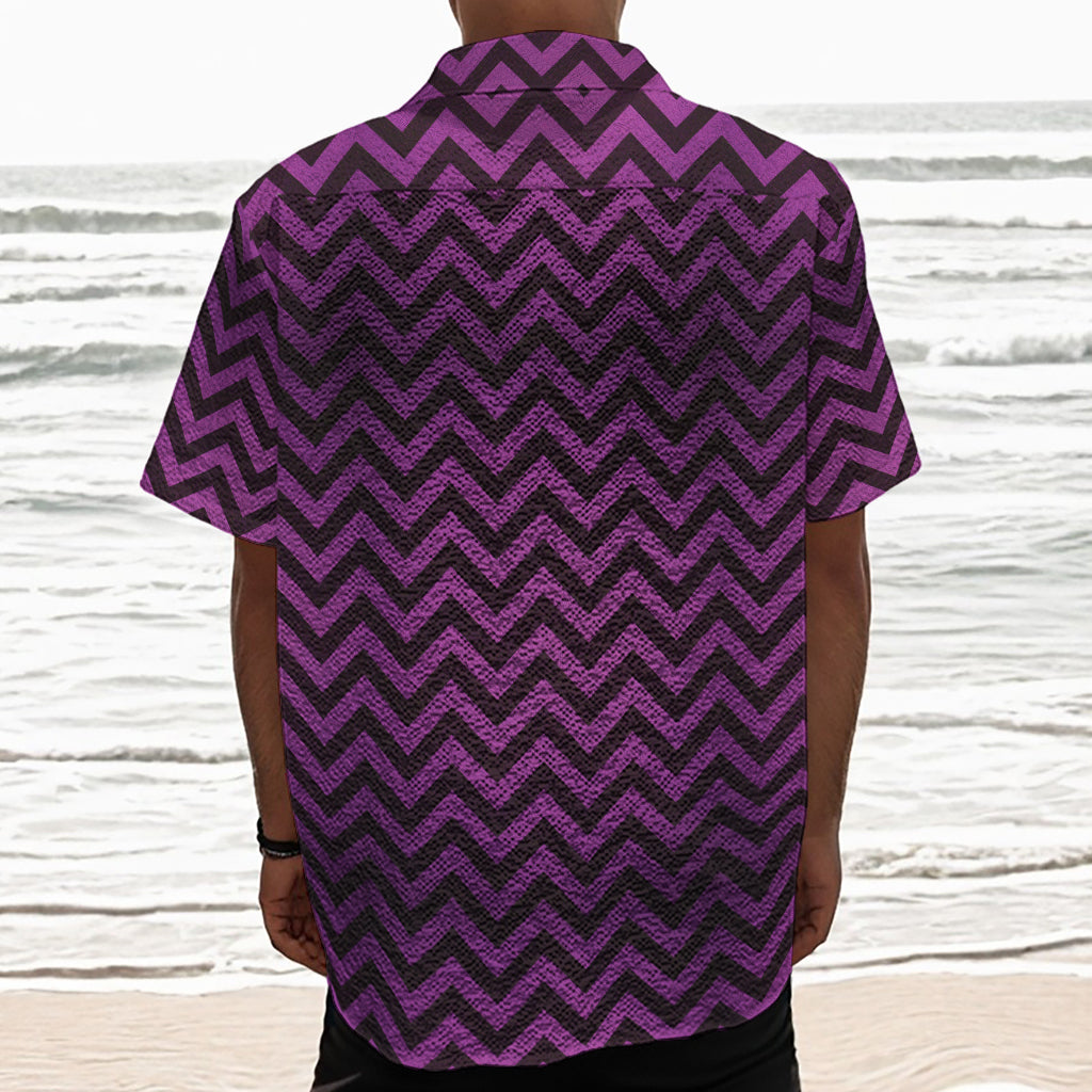 Purple And Black Chevron Pattern Print Textured Short Sleeve Shirt