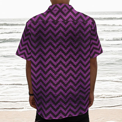 Purple And Black Chevron Pattern Print Textured Short Sleeve Shirt