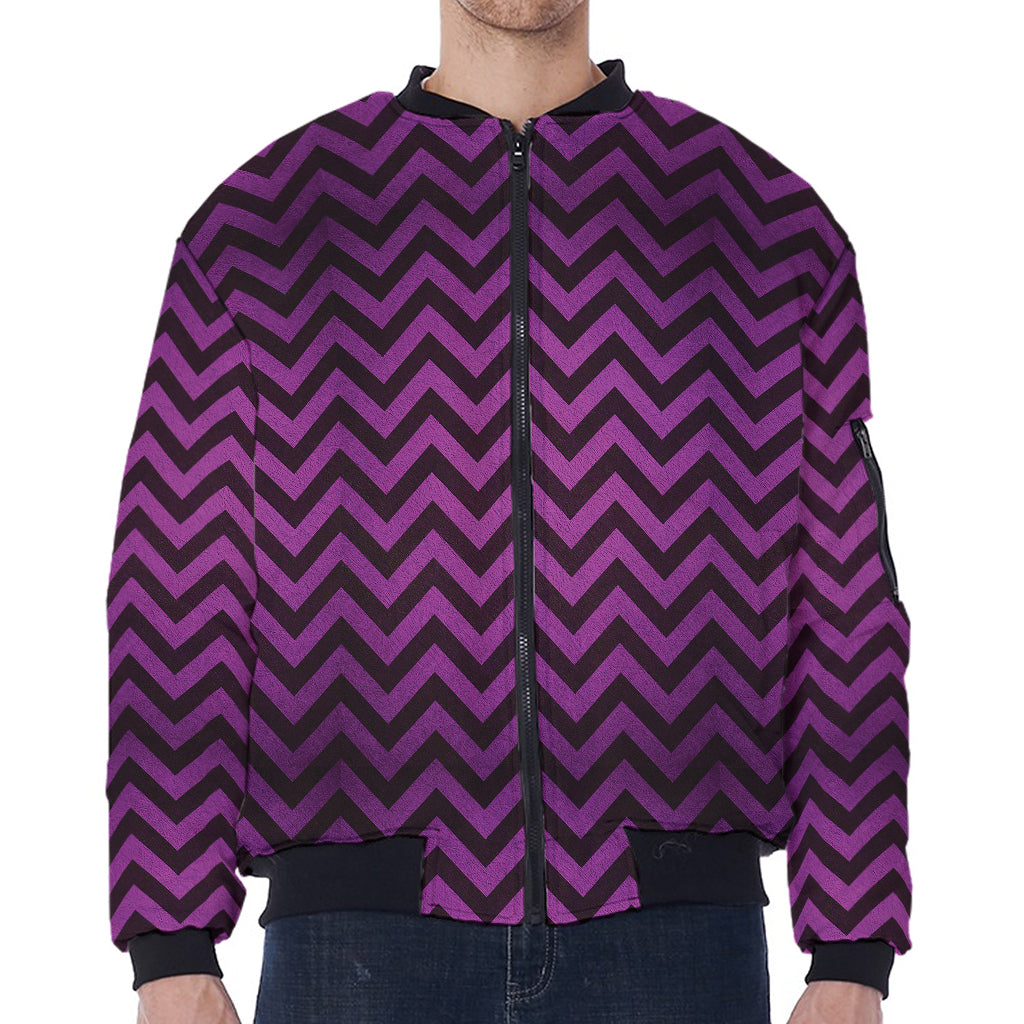 Purple And Black Chevron Pattern Print Zip Sleeve Bomber Jacket