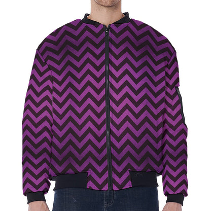 Purple And Black Chevron Pattern Print Zip Sleeve Bomber Jacket
