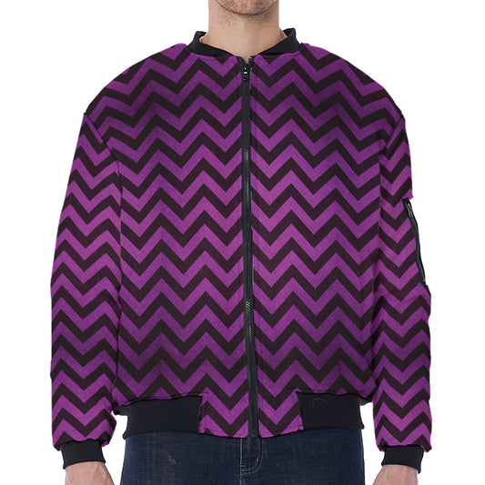 Purple And Black Chevron Pattern Print Zip Sleeve Bomber Jacket