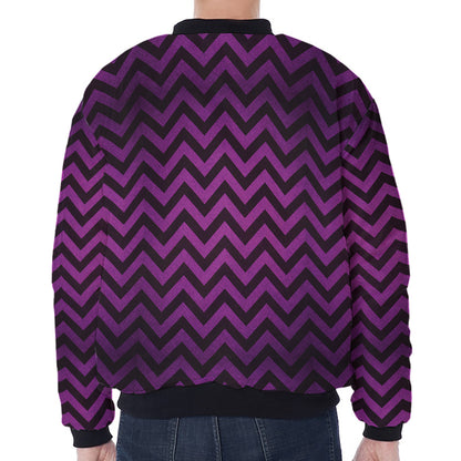 Purple And Black Chevron Pattern Print Zip Sleeve Bomber Jacket