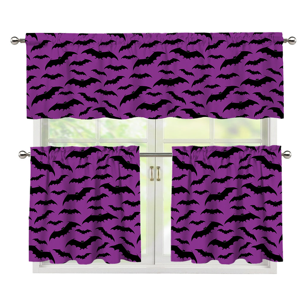 Purple And Black Halloween Bat Print 3 Piece Kitchen Curtains