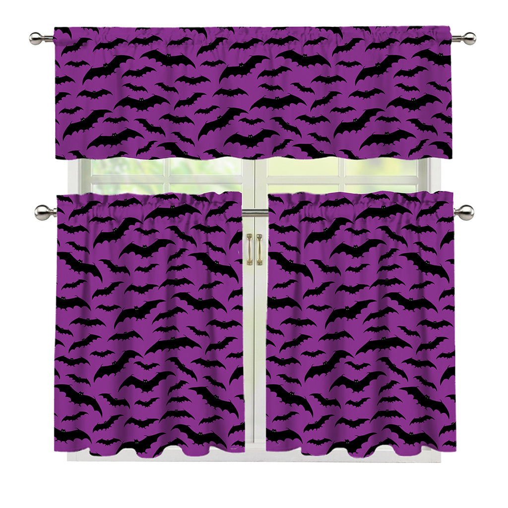 Purple And Black Halloween Bat Print 3 Piece Kitchen Curtains