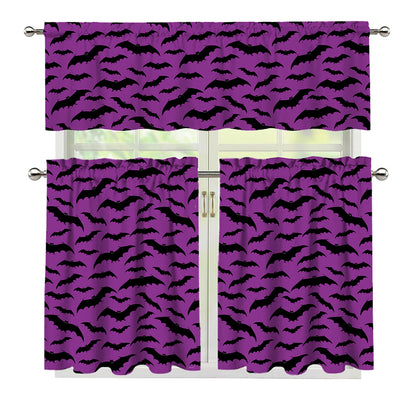 Purple And Black Halloween Bat Print 3 Piece Kitchen Curtains