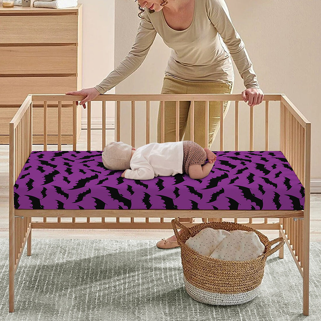 Purple And Black Halloween Bat Print Baby Crib Sheet