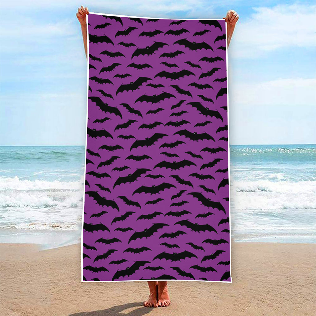 Purple And Black Halloween Bat Print Beach Towel