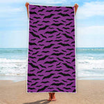 Purple And Black Halloween Bat Print Beach Towel